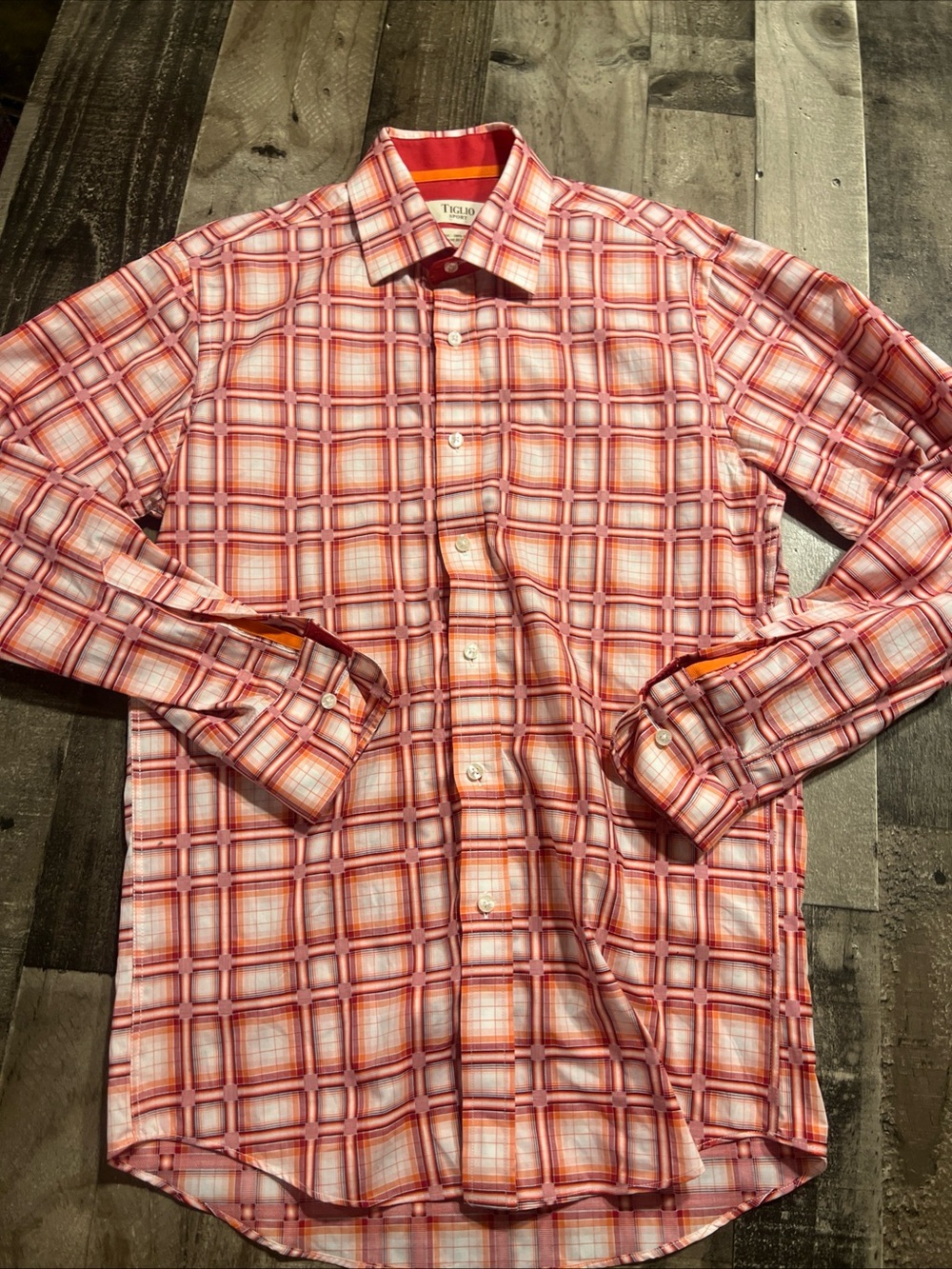 Tiglio Sport Peach & Scarlet Plaid Long Sleeve Dress Shirt NNT